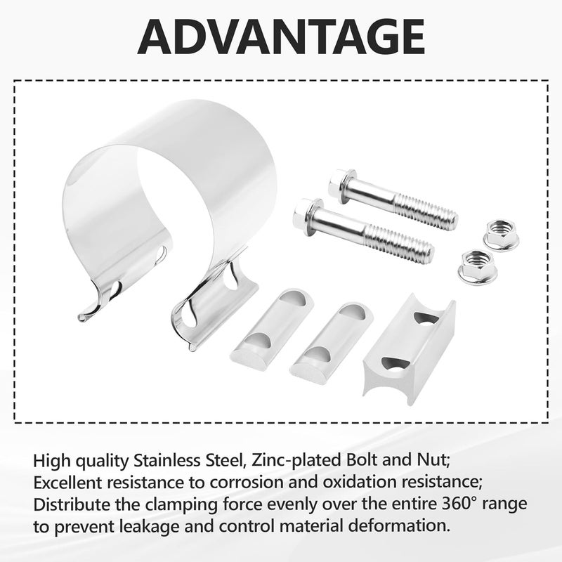 BIGREAT 3'' Inch Exhaust Clamp,3 Inch Butt Joint Exhaust Seal Band Clamp Sleeve Coupler Universal For Exhaust System 2PCS Polished T304 Stainless Steel - Image 5